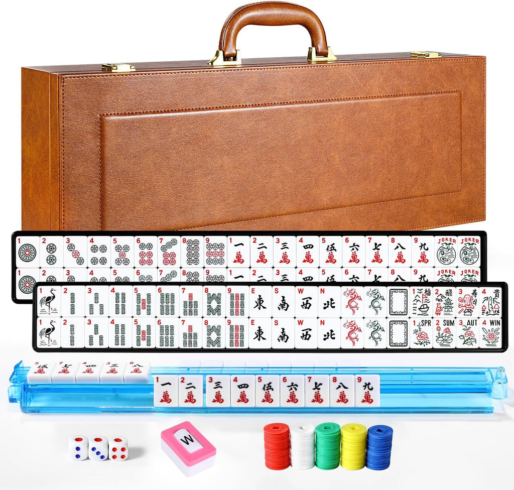 American Mahjong - Juego de maletas de cuero sintético portátil marrón, 166 azulejos blancos, 4 estantes Mahjong todo en uno con empujadores, incluye fichas y dados, juego de azulejos Travel