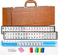 American Mahjong - Juego de maletas de cuero sintético portátil marrón, 166 azulejos blancos, 4 estantes Mahjong todo en uno con empujadores, incluye fichas y dados, juego de azulejos Travel
