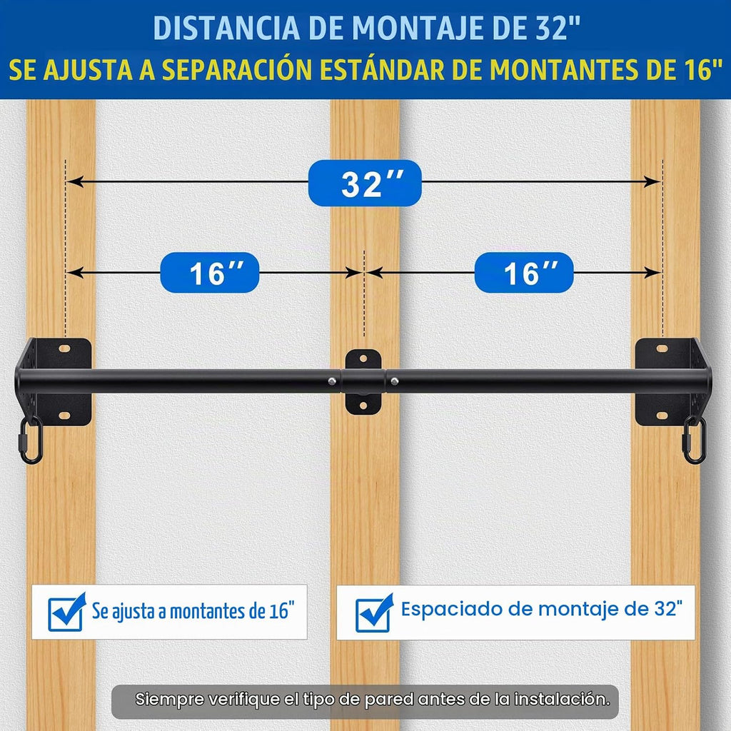 Kipika Barra de Dominadas para Pared - Barra de Tracción de Ubicación en Puerta, Capacidad de 500 LB, Construcción de Acero Reforzado para Gimnasio en Casa, Resistente con Ganchos para Bandas de Resistencia | Barra de Ejercicio Colgante para Entrenamiento
