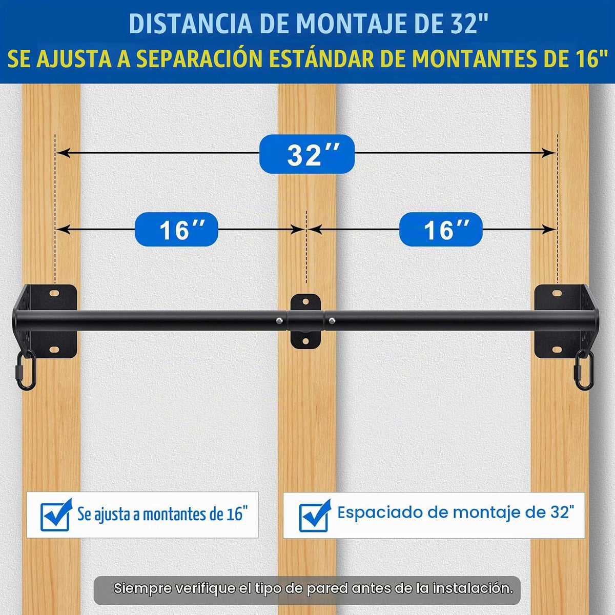 Kipika Barra de Dominadas para Pared - Barra de Tracción de Ubicación en Puerta, Capacidad de 500 LB, Construcción de Acero Reforzado para Gimnasio en Casa, Resistente con Ganchos para Bandas de Resistencia | Barra de Ejercicio Colgante para Entrenamiento
