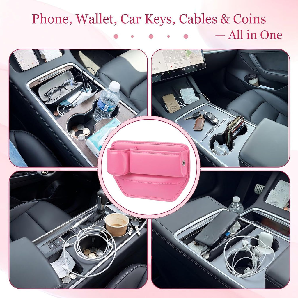 Aliceset Paquete de 2 organizadores de asiento de automóvil rosa con portavasos y organizador de cuero para llaves, tarjetas, teléfono, gafas de sol y artículos pequeños