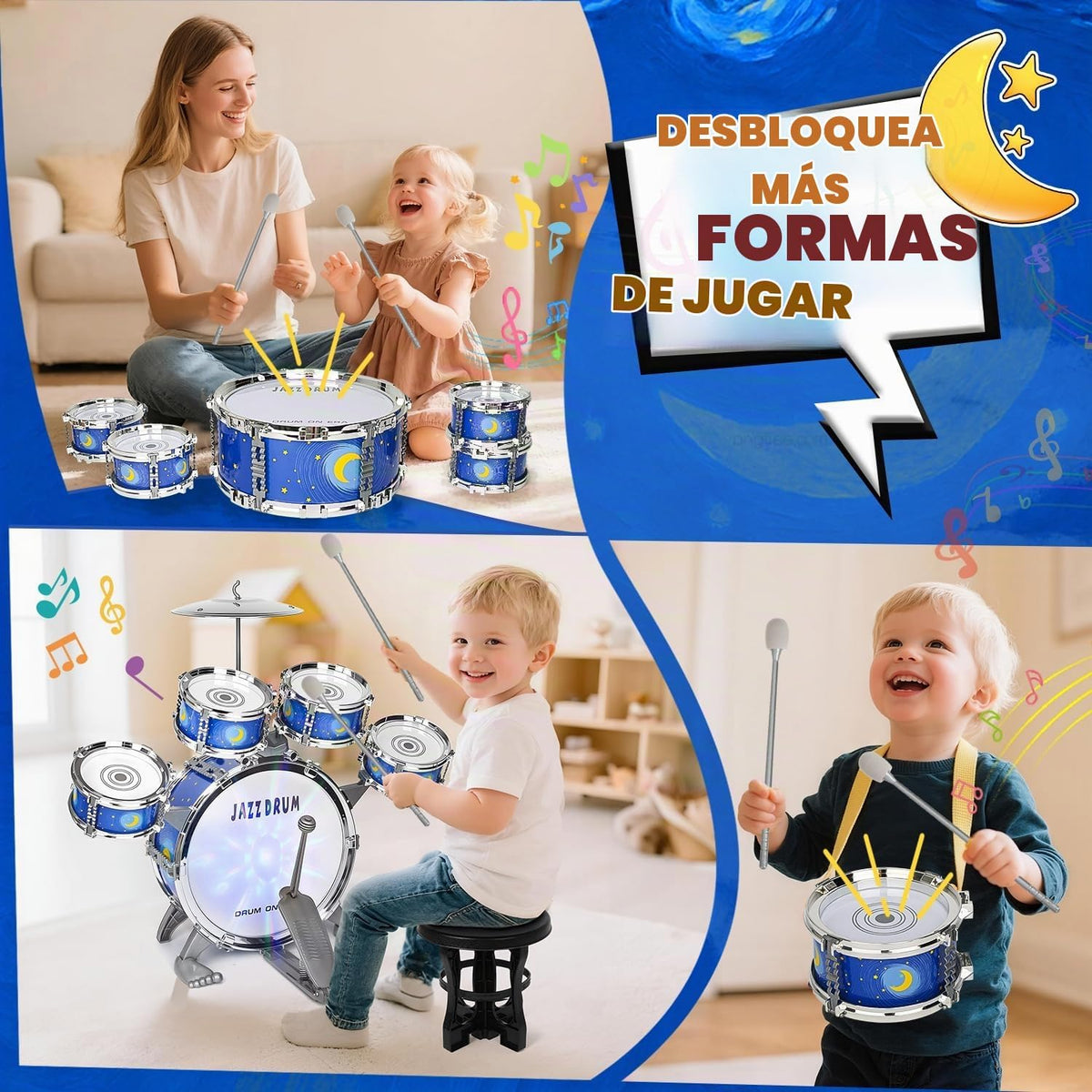 Kit de Batería para Niños pequeños para edades de 3-5 años Juguete musical con taburete para niños y niñas