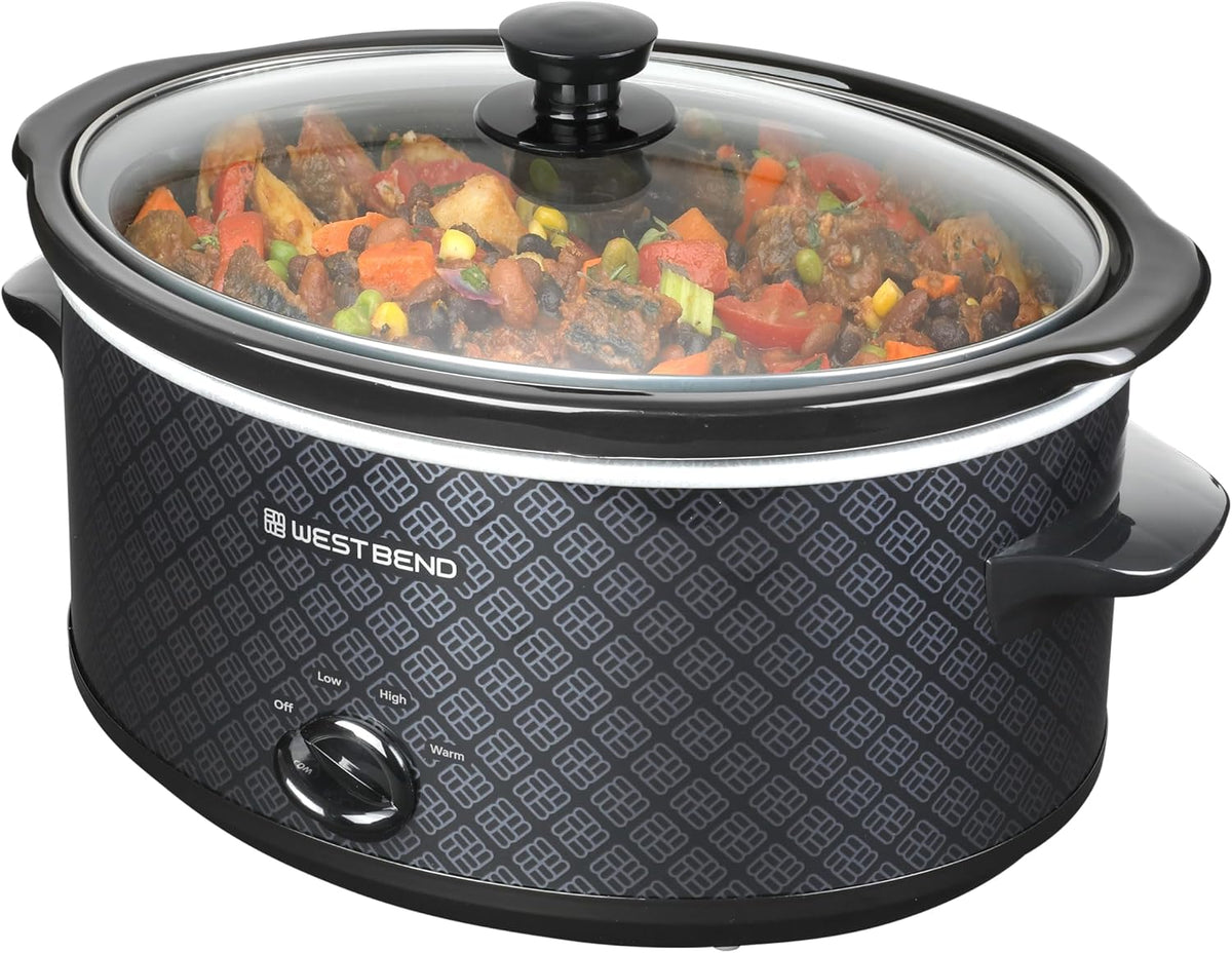 West Bend Olla de cocción lenta manual de 6 cuartos estilo cerámica con olla de cerámica ovalada apta para lavavajillas y tapa de vidrio, dos configuraciones de temperatura más función mantener