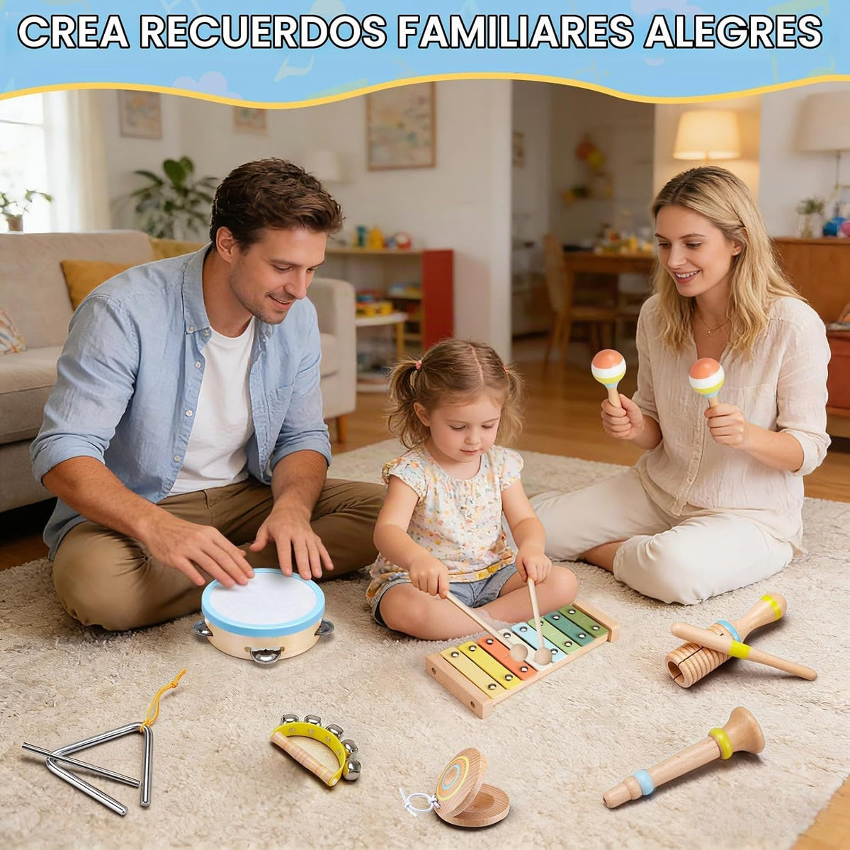 Ehome - Juego de instrumentos musicales Montessori de madera para niños y niñas de 3, 4, 5, 6 años, kit de música de percusión de color neutro con tambor, xilófono, bolsa de almacenamiento, regalo de aprendizaje de cumpleaños