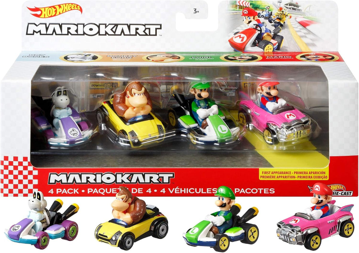 Hot Wheels Mario Kart - Paquete de 4 vehículos de los personajes favoritos de los fans que incluye 1 modelo exclusivo, regalo coleccionable para niños y fans a partir de 3 años