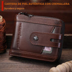 BULLCAPTAIN Cartera de cuero genuino para hombre con cremallera T23, Café