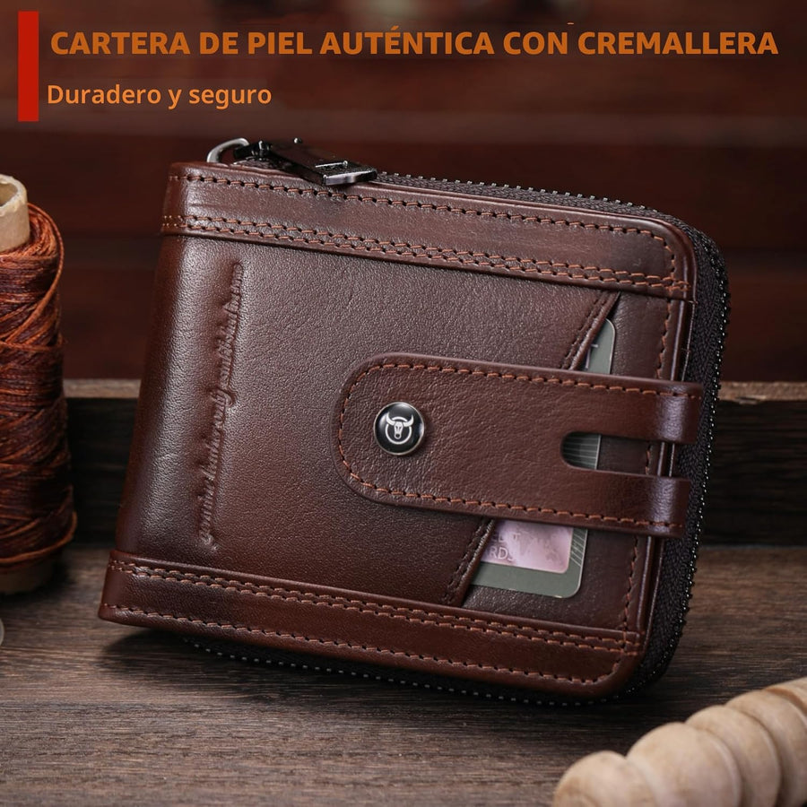 BULLCAPTAIN Billetera de Cuero Genuino para Hombre con Cremallera V...