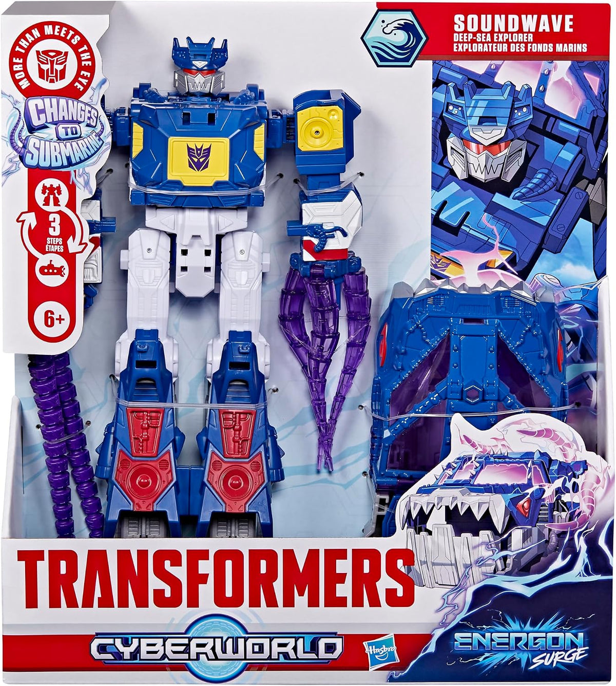 Transformers CYBERWORLD Soundwave Deep Sea Explorer, Energon Surge | Figura de acción de 9 pulgadas con cambio rápido al modo submarino | Juguetes robot para niños mayores de 6 años