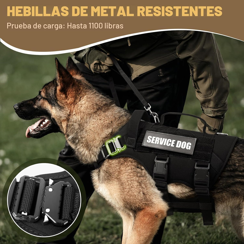Arnés de chaleco de servicio para perros grandes, chaleco táctico MOLLE de trabajo con 10 parches para mascotas, arnés resistente sin tirones para entrenar y caminar