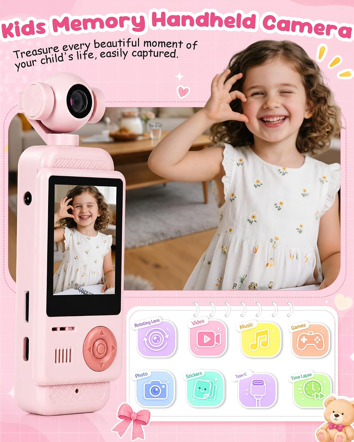 Cámara de vlogging para niños, videocámara digital HD de 44MP 1080P para