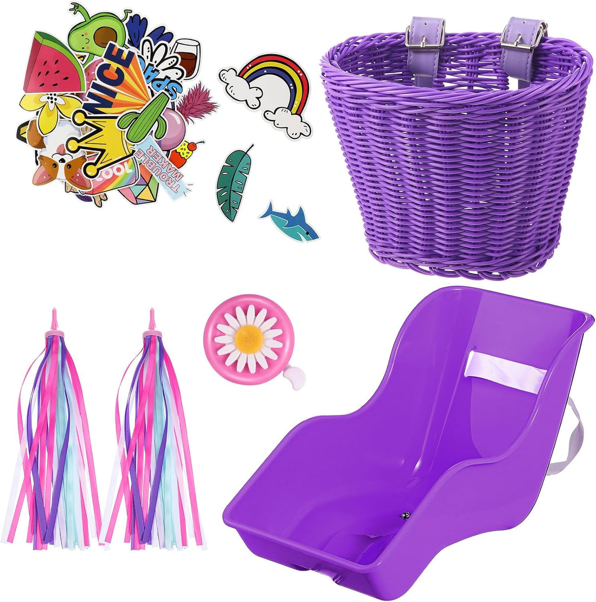 Asiento de bicicleta de muñeca con 30 calcomanías de calcomanías, cesta de bicicleta para niños, manillar de bicicleta, cintas coloridas, borla, margarita, campana de bicicleta para niñas