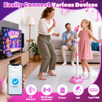 Máquina de karaoke recargable para niños con soporte ajustable, 3-5, 4, 6, 7, 8 años, micrófono inalámbrico, altavoz Bluetooth con 2 micrófonos, regalo de cumpleaños para niñas de 3 a 8 años