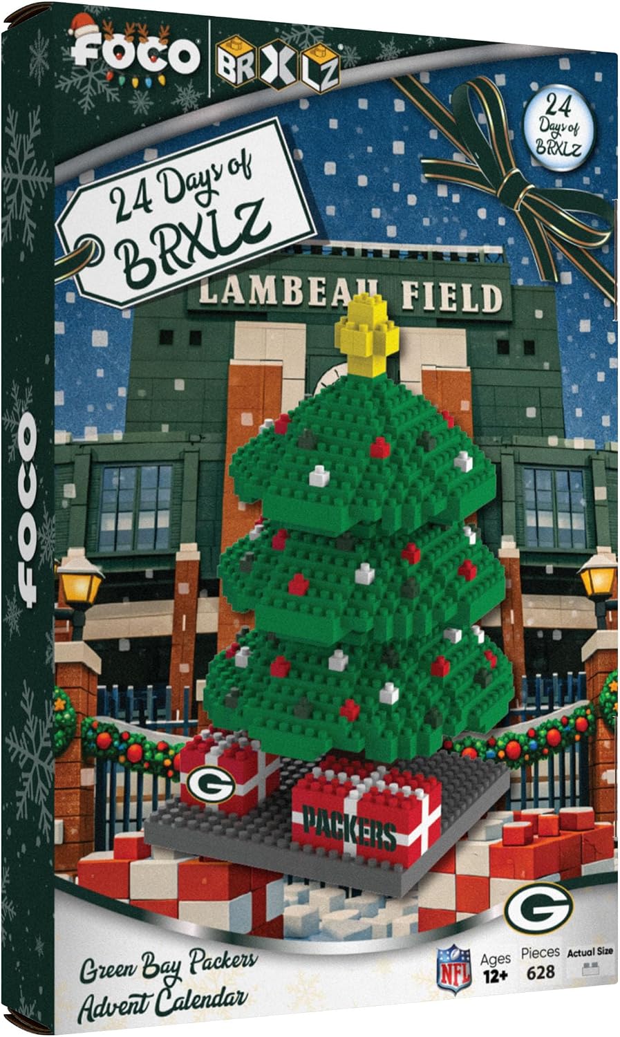 FOCO Green Bay Packers NFL BRXLZ - Calendario de Adviento para árbol de Navidad, bloque de construcción
