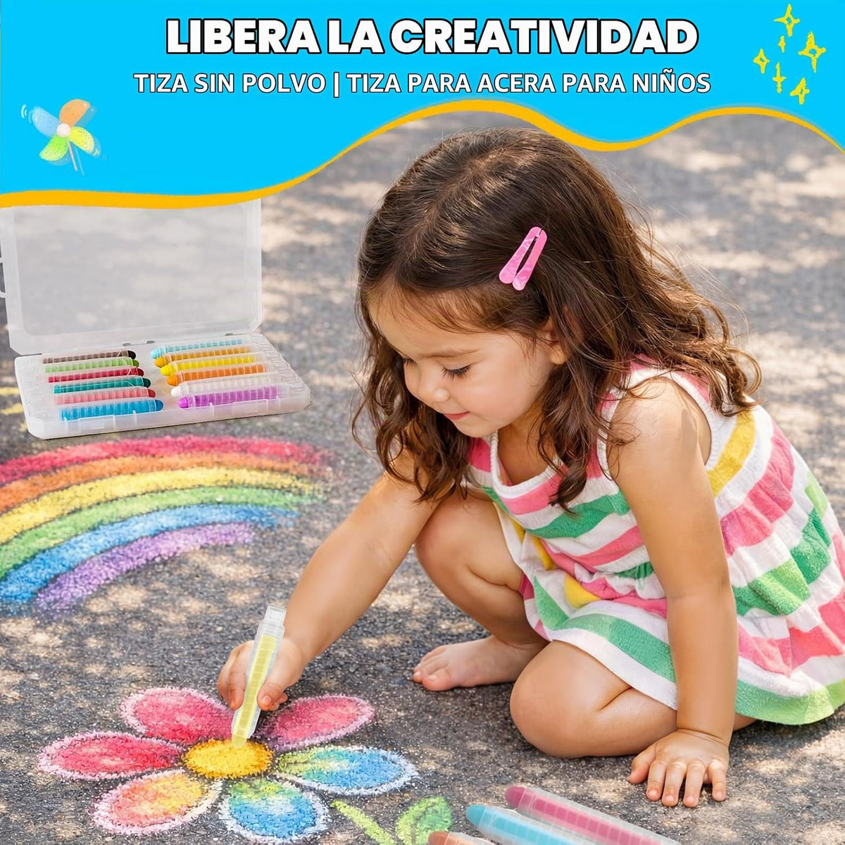 Tiza sin polvo para niños con soporte, set de tizas para acera lavables de 24 colores