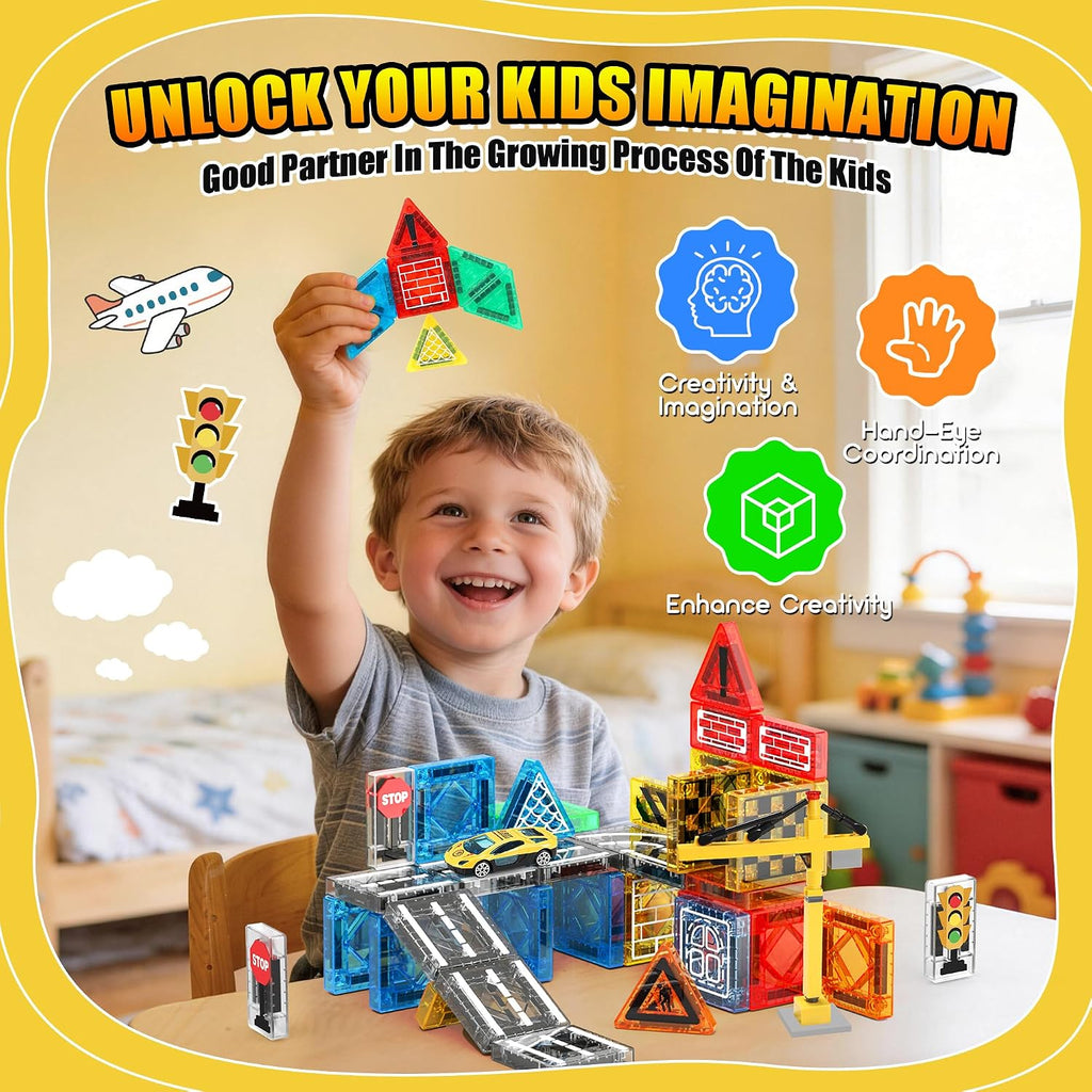 Azulejos magnéticos: juguetes de construcción, juego de viaje al aire libre con grúa magnética y automóvil para niños de 3 a 5 años, 4 a 8 a 10 años, minibloques de construcción magnéticos con grúa