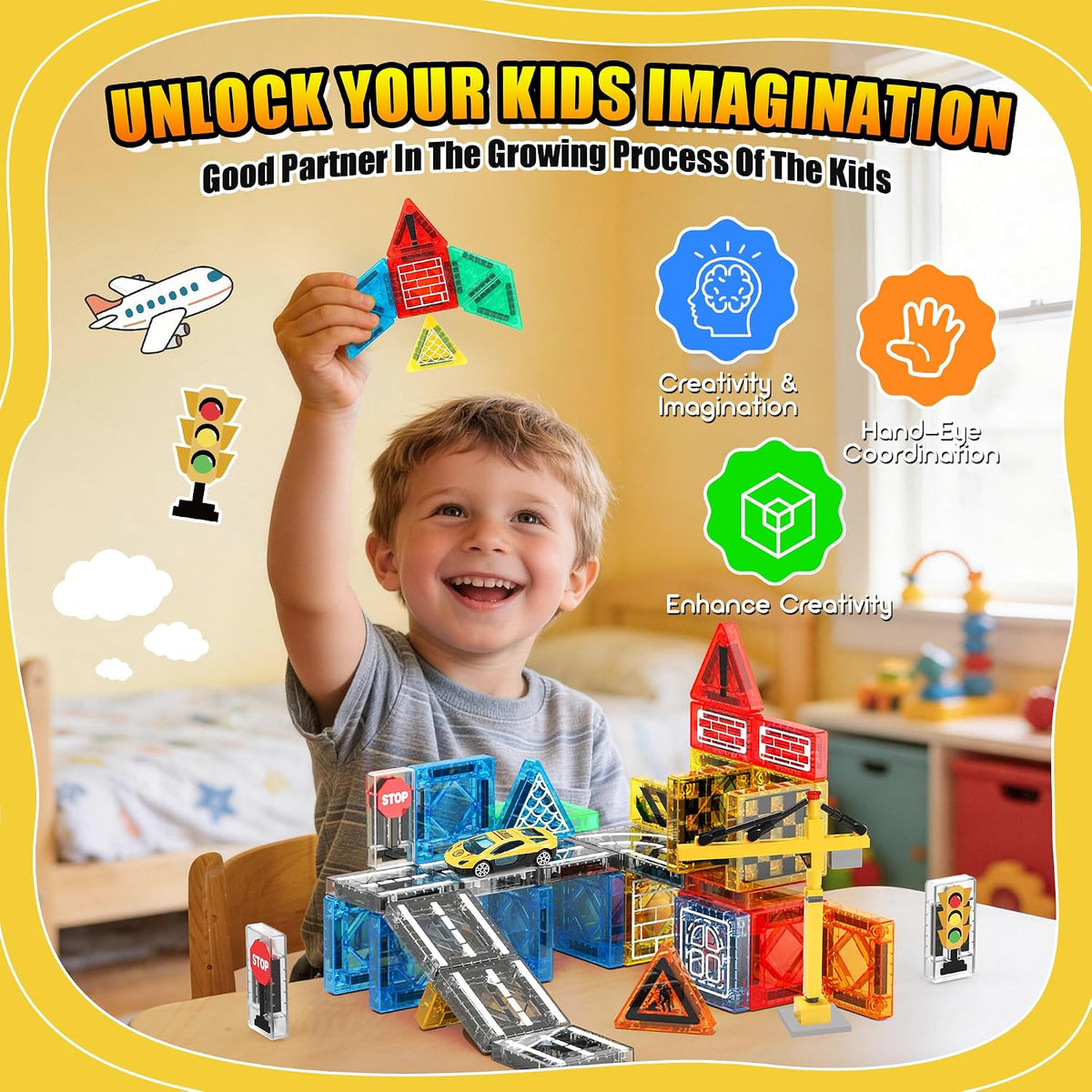 Azulejos magnéticos: juguetes de construcción, juego de viaje al aire libre con grúa magnética y automóvil para niños de 3 a 5 años, 4 a 8 a 10 años, minibloques de construcción magnéticos con grúa