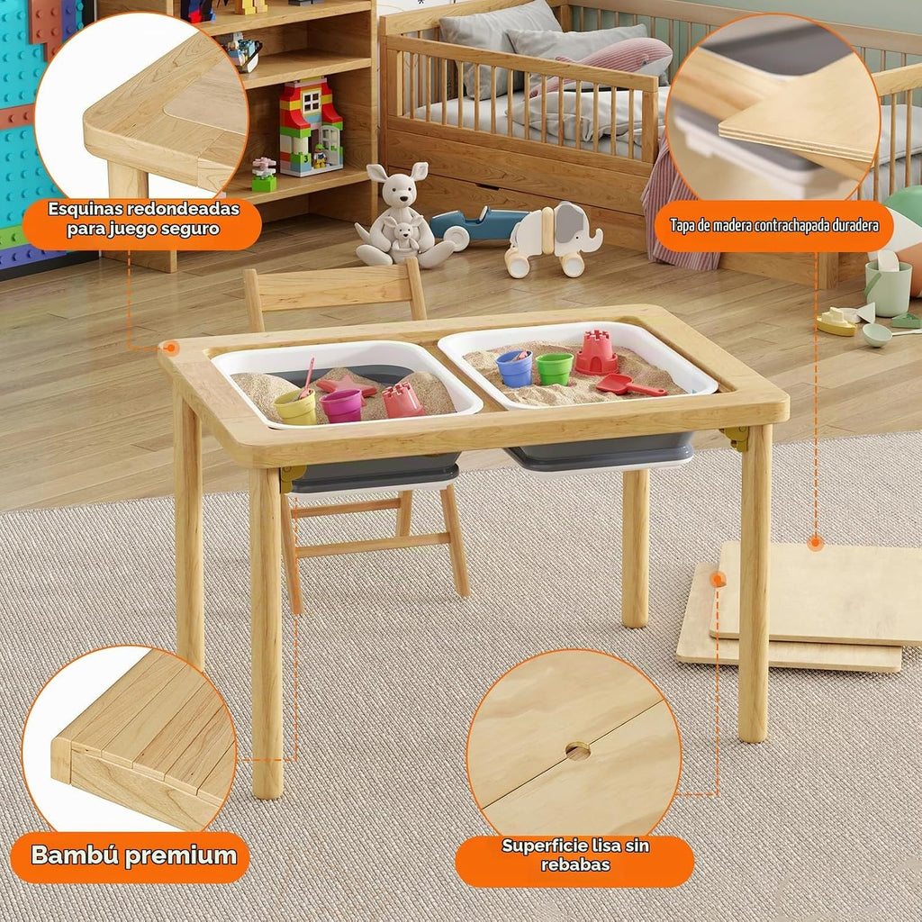 FUNLIO Mesa sensorial plegable de madera con 2 contenedores y 1 silla plegable para niños pequeños, mesa sensorial para niños con tapa de madera contrachapada antideformación, juego de arena y agua para interiores y exteriores, certificado CPC