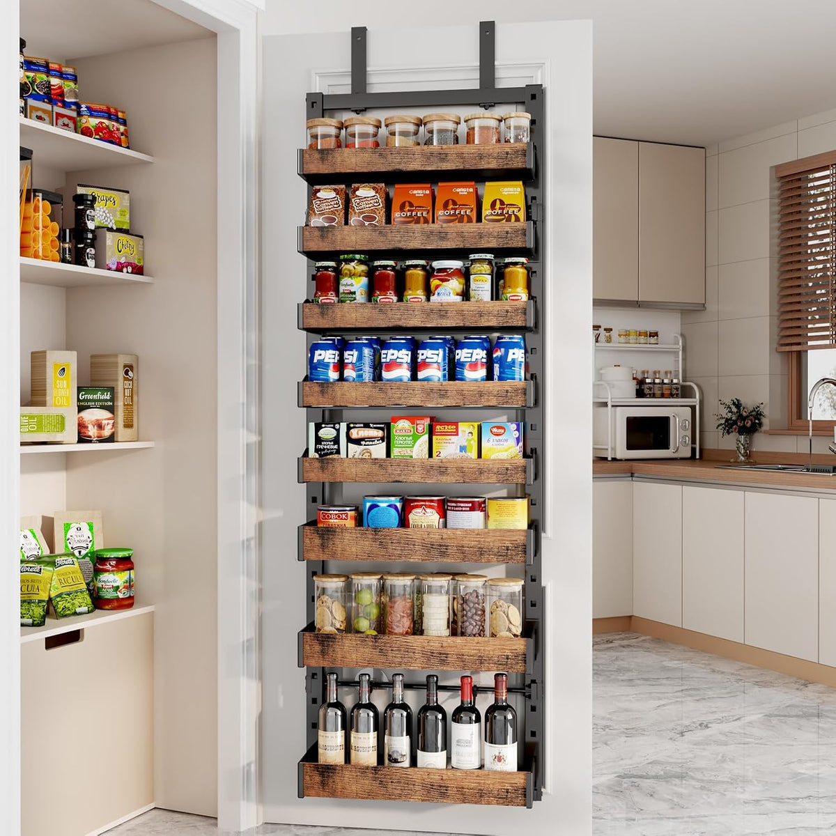 Organizador de despensa de 8 niveles sobre la puerta, soporte de pared de metal resistente o estante de especias colgante, estantes de almacenamiento detrás de la puerta con cesta ajustable, organizador trasero de puerta para armario de cocina y armario
