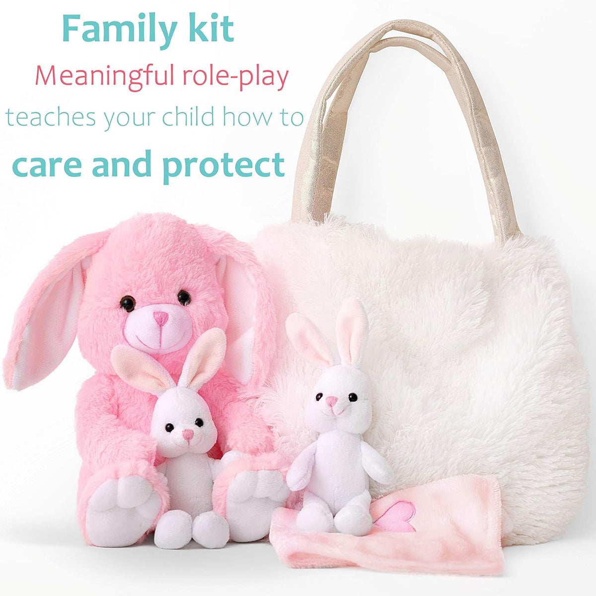 Perfectto Design Regalos de Pascua para niños, juguete de conejo de peluche, 5 piezas, conejo de peluche para mamá, 2 conejitos y bolsa peluda. Regalo de peluche suave de conejo de Pascua para niños