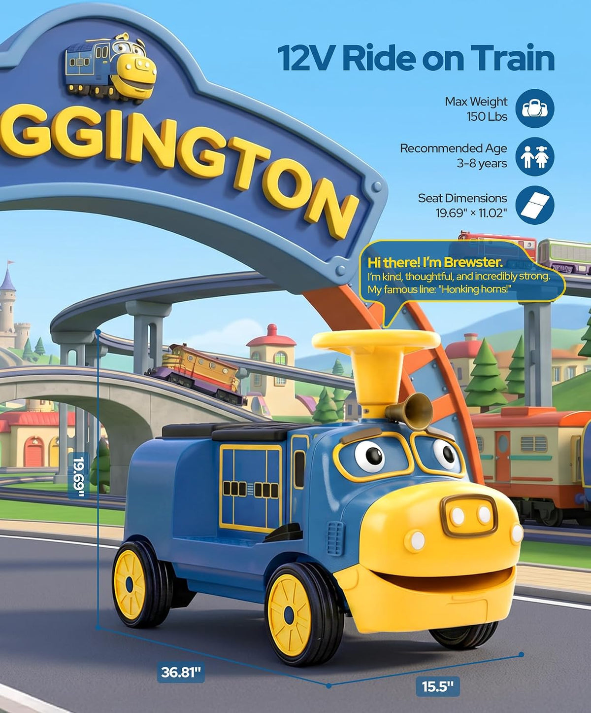 Chuggington - Tren de 2 plazas sin rieles, con licencia de 12 V, para niños de 3 años en adelante, con espacio de almacenamiento, silbato, LED, música, 2 velocidades máximas, 150 libras, color