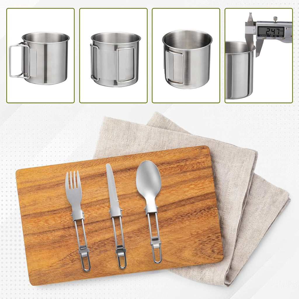 Juego de utensilios de cocina para acampar Backpacking, ollas de 0.33Gal y sartenes de 0.17Gal, taza SUS304 de 0.08Gal, tenedores, cuchillos y cucharas para senderismo, camping, cocina al aire libre, picnic, camping en solitario