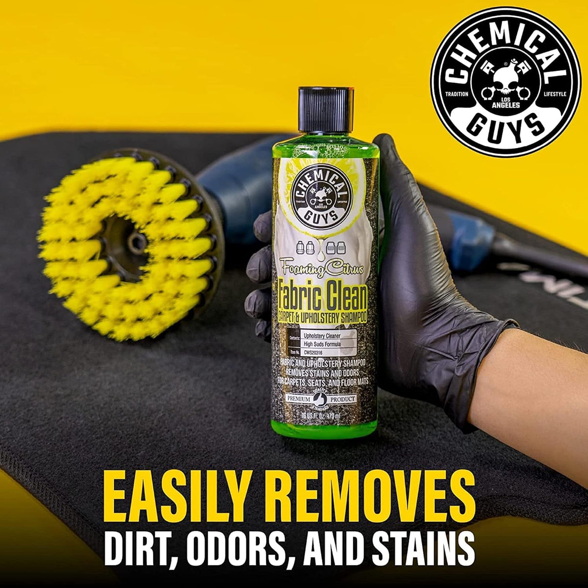 Chemical Guys, Limpiador Espumante Cítrico para Tela y Alfombras con Cepillo para Taladro, 16 oz