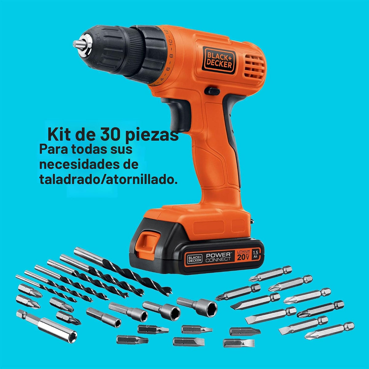 BLACK+DECKER 20V MAX POWERCONNECT - Taladro eléctrico inalámbrico con juego de brocas de 30 piezas y kit de controladores, batería y cargador incluidos (LD120VA)