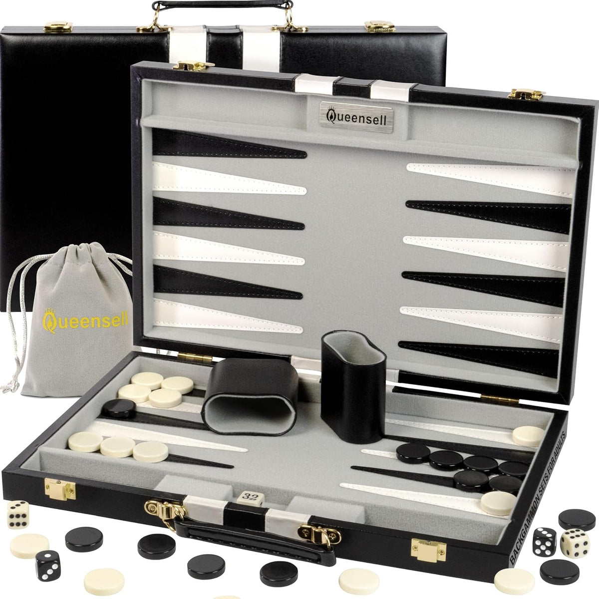 Juegos grandes de backgammon negro para adultos, juegos de mesa clásicos para 2 jugadores, adultos y niños, juego de backgammon premium de 15 pulgadas y 32 piezas de backgammon en funda de piel sintética de calidad