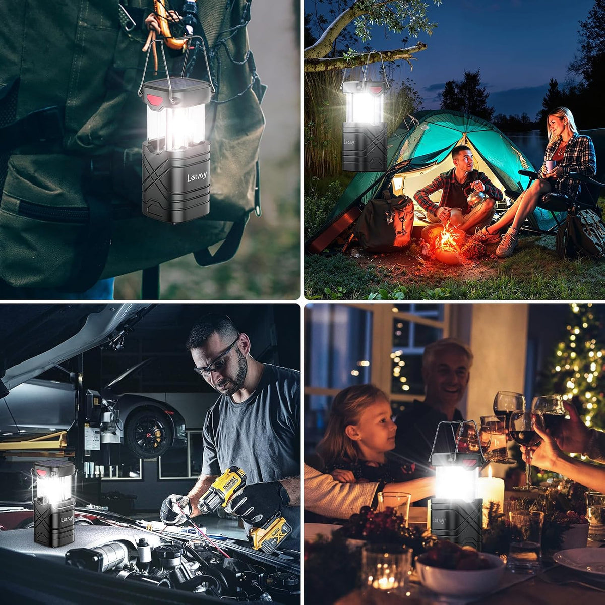 Lámpara LETMY Paquete de 4 linternas de campamento, linternas LED recargables, faroles solares con batería para huracanes con 3 vías de alimentación y cable USB para emergencias, cortes de energía