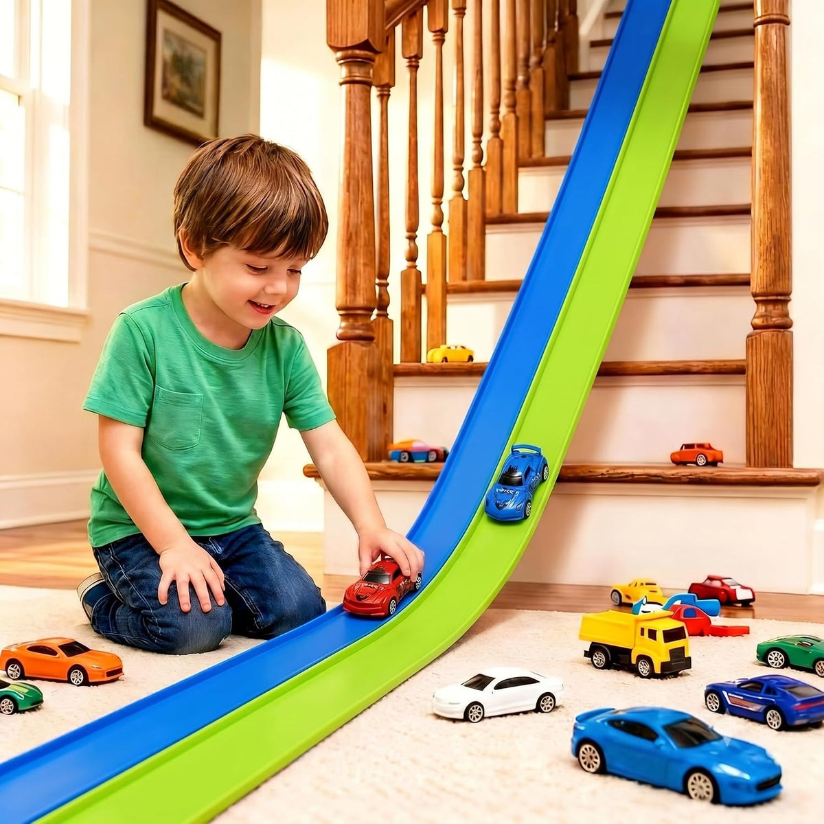Pistas flexibles de 15 pies de pista de carreras flexibles para niños, juego de pista de auto de bricolaje con autos de rebote 1/64, pistas de carreras enrollables portátiles con ventosas fuertes