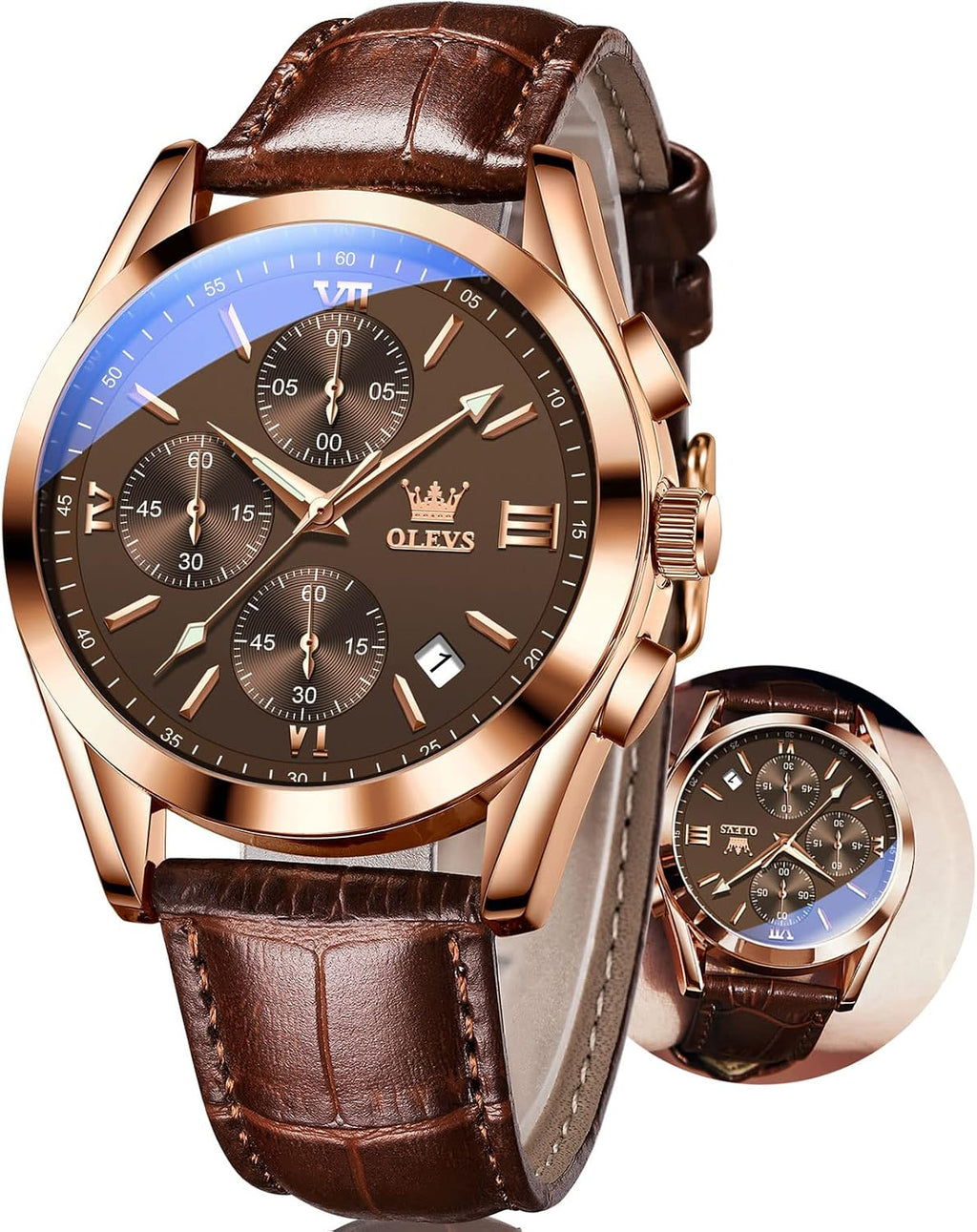 OLEVS Reloj de vestir de cuero para hombre, casual, cuarzo, marrón, pulsera, con fecha