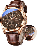 OLEVS Reloj de vestir de cuero para hombre, casual, cuarzo, marrón, pulsera, con fecha