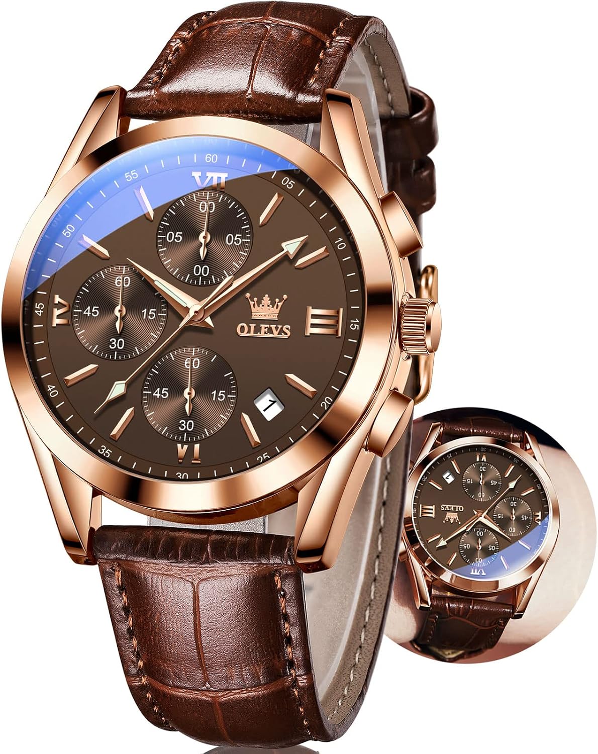 OLEVS Reloj de vestir de cuero para hombre, casual, cuarzo, marrón, pulsera, con fecha