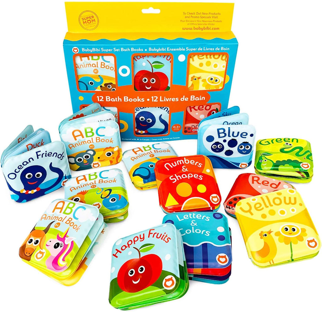 Juego de 12 libros de baño Super Bath (frutas, amigos del océano, ABC, libros de números; libros de baño de reconocimiento de color, incluyendo temas de color amarillo, verde, rojo y azul, libros de