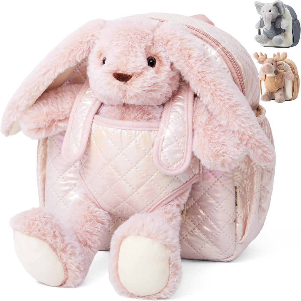 Moonkie Hug & Go™ Bunny - Mochila para niños pequeños, bolsa de felpa suave con juguete desmontable para niñas de 2 a 4 años, perfecta para guardería, viajes y regalos de cumpleaños