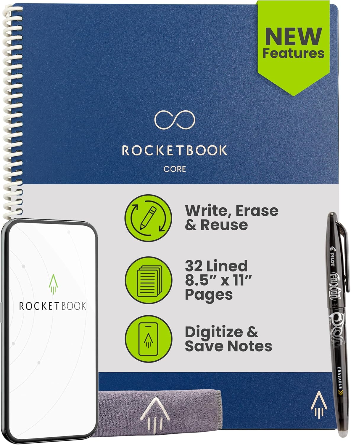 Rocketbook Core - Cuaderno inteligente reutilizable, tamaño carta 8.5 x 11