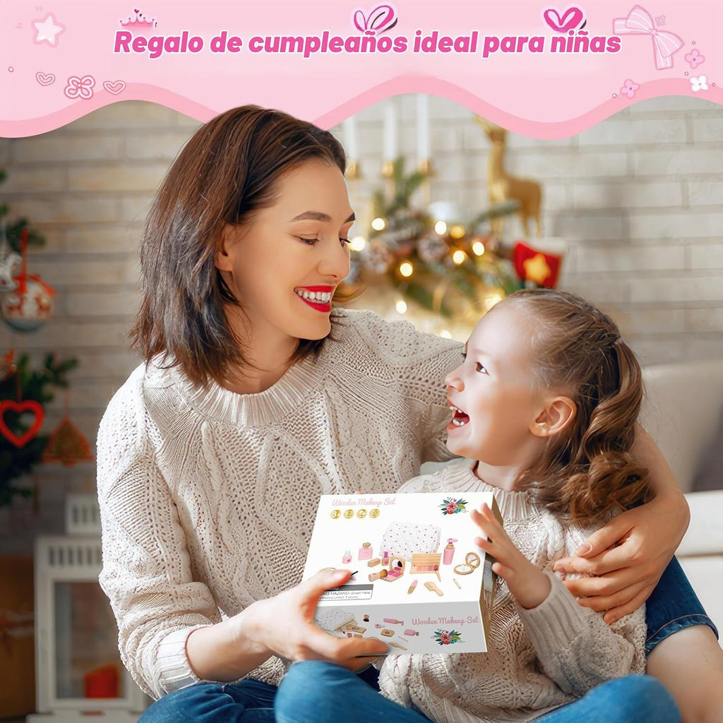 Juego de juguetes de maquillaje de madera para niños pequeños [2026] Kit de maquillaje para niñas de 3 a 5 años con lápiz labial de madera, espejo, pinceles, juego de cosméticos, regalo de cumpleaños para niñas de 3, 4, 5, 6 años