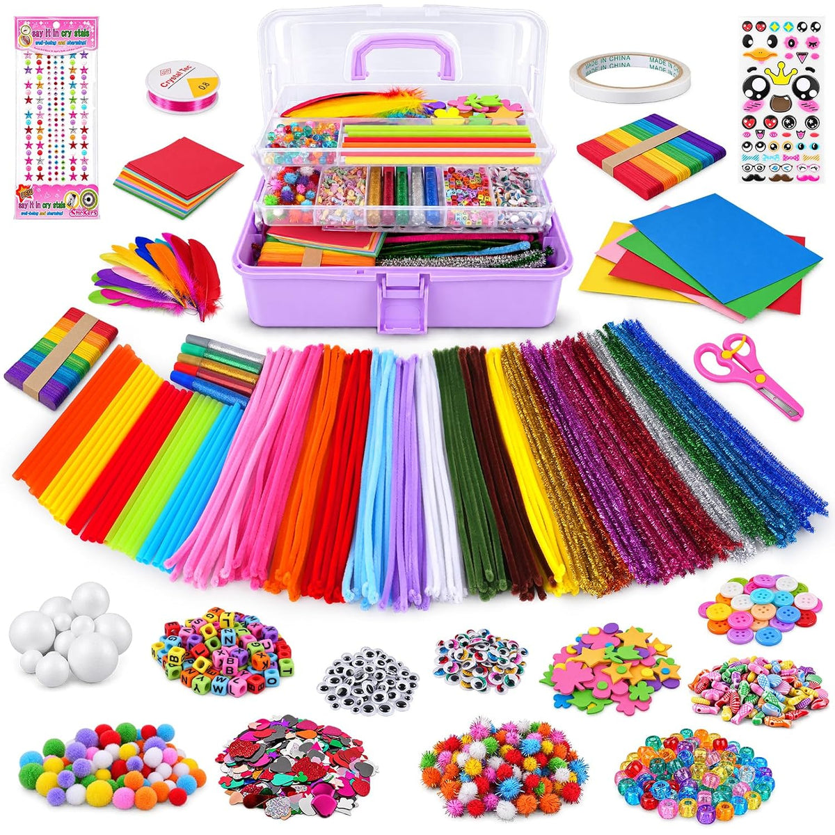 Anyeve Kit de 2176 piezas de suministros para artes y manualidades, caja de manualidades todo en uno con pompones y plumas, ideas de regalo de manualidades y juego de actividades artísticas para niños