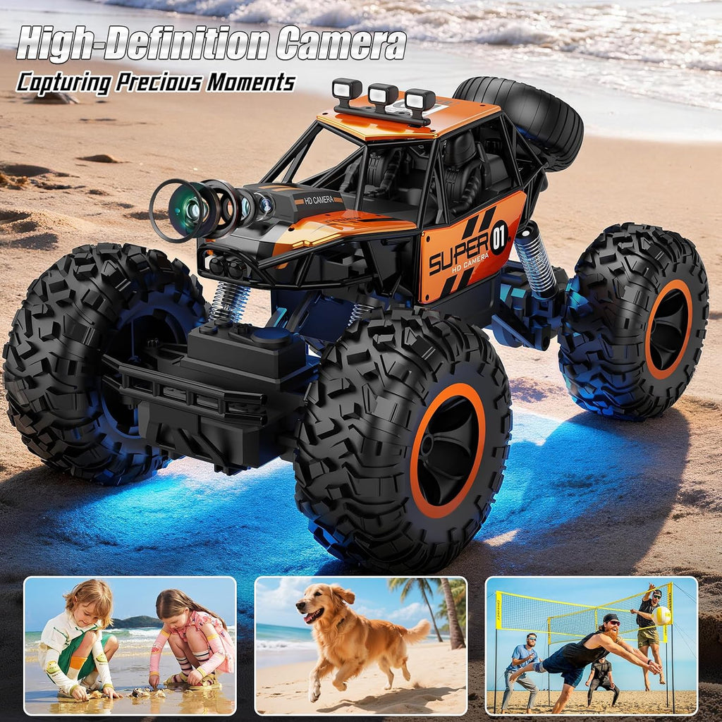 FPV - Coche RC con cámara para niños y adultos, camión RC todo terreno 1:16, automóvil de control remoto todoterreno con pantalla HD de 2.8 pulgadas, cuerpo de aleación, luces LED de chasis, batería