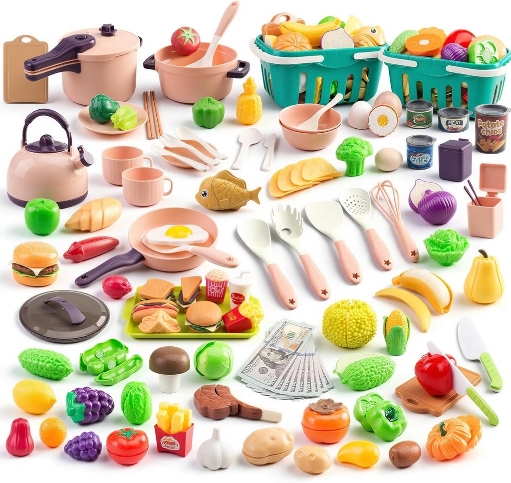 Mini accesorios de cocina de 200 piezas para niños a partir de 3 años, juego de cocina de simulación con utensilios de cocina, vajilla y 2 juegos de frutas, regalo de aprendizaje para niñas y niños, rosa