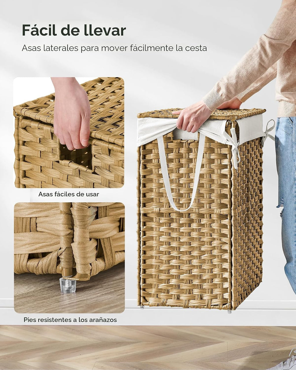SONGMICS Canasta de lavandería con tapa, cesto de ropa de 23.8 galones (90 L) de ratán sintético con tapa y asas, plegable, forro extraíble, amarillo ganso ULCB51NL