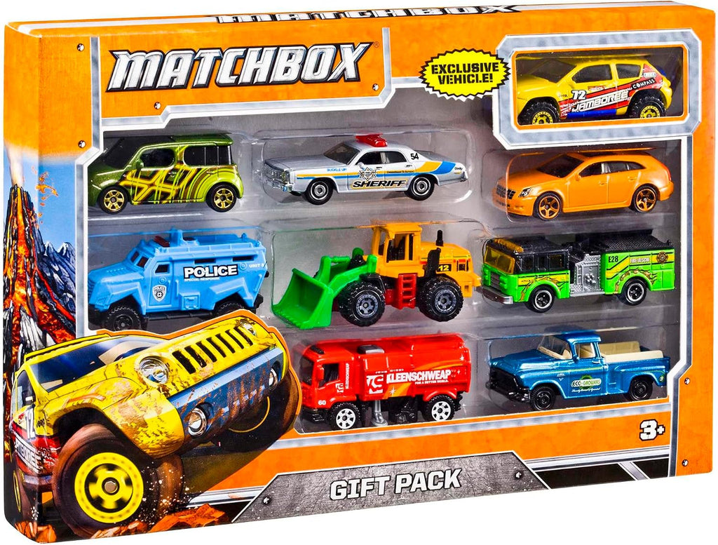 Matchbox Paquete de 9 autos de juguete fundidos a presión a escala 1:64, camiones de construcción o basura, vehículos de rescate o aviones (los estilos pueden variar)