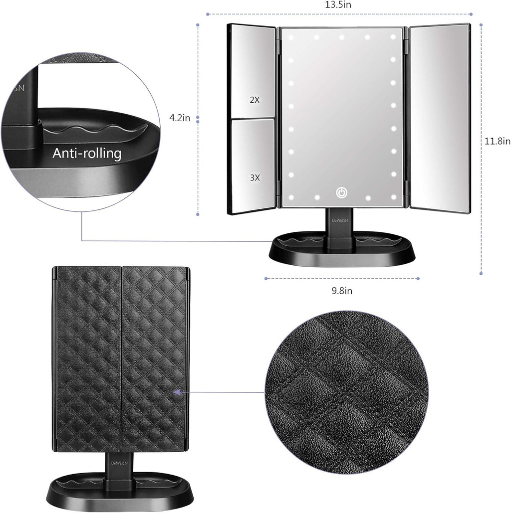 Espejo de maquillaje con iluminación triple con 21 luces LED, aumento 1x/2x/3x y atenuación de pantalla táctil, dos fuentes de alimentación, espejo de maquillaje, regalo para mujeres