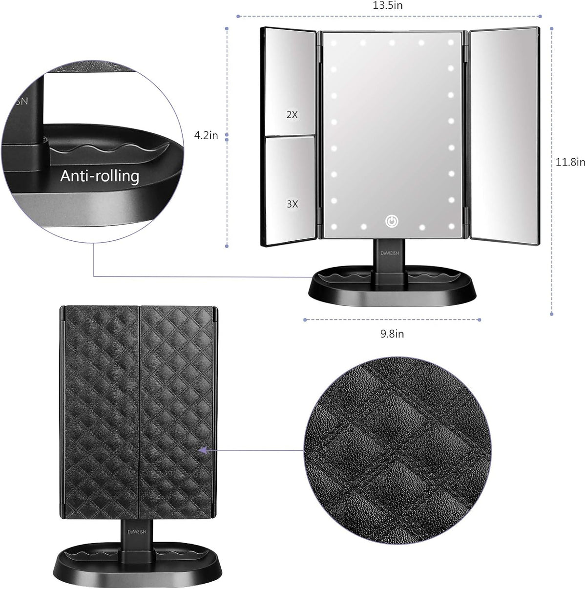 Espejo de maquillaje con iluminación triple con 21 luces LED, aumento 1x/2x/3x y atenuación de pantalla táctil, dos fuentes de alimentación, espejo de maquillaje, regalo para mujeres