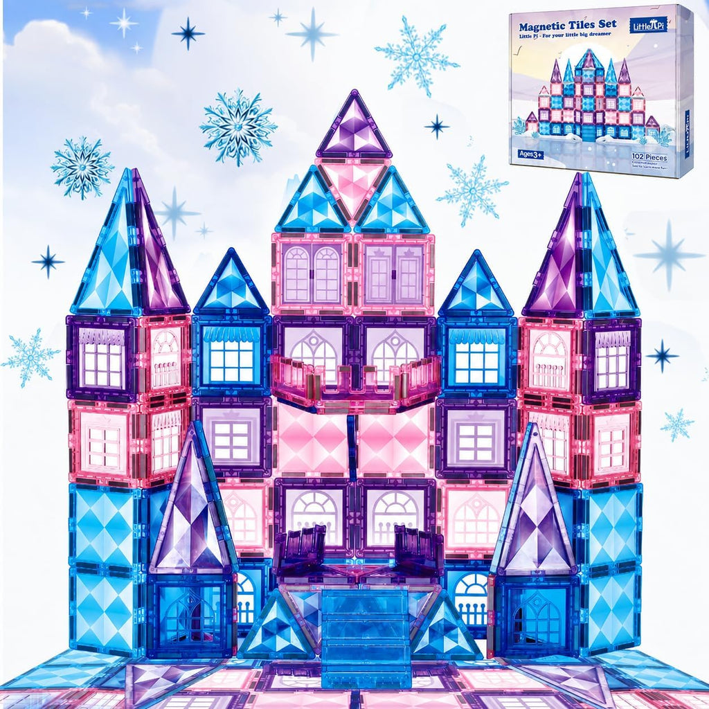 Little Pi 102 piezas de bloques de construcción con azulejos magnéticos de castillo de princesa congelada - Bloques de diamante 3D, juguetes educativos STEM para juego de rol, regalos de cumpleaños
