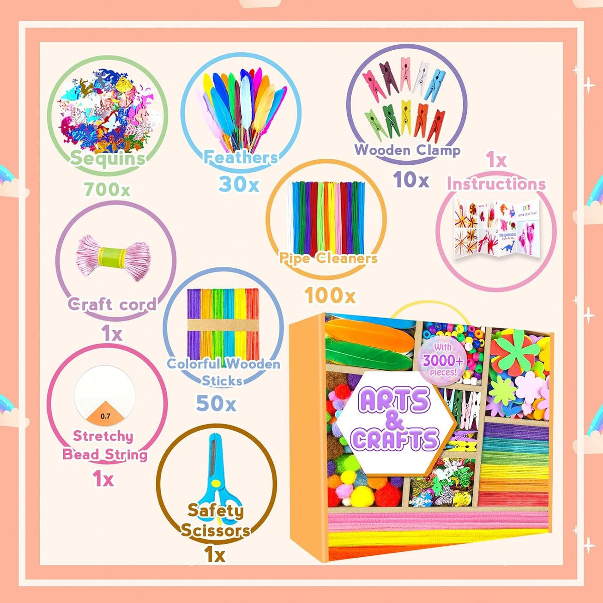 Suministros de Arte y Manualidades para Niños - Kit de Manualidades de 3000 Piezas con Limpiadores de Tubos para Niños Todo en una Caja de Artesanías para la Escuela DIY Materiales para Manualidades