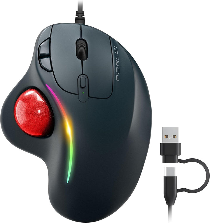 PORLEI Ratón trackball con cable con iluminación RGB, control ergon...