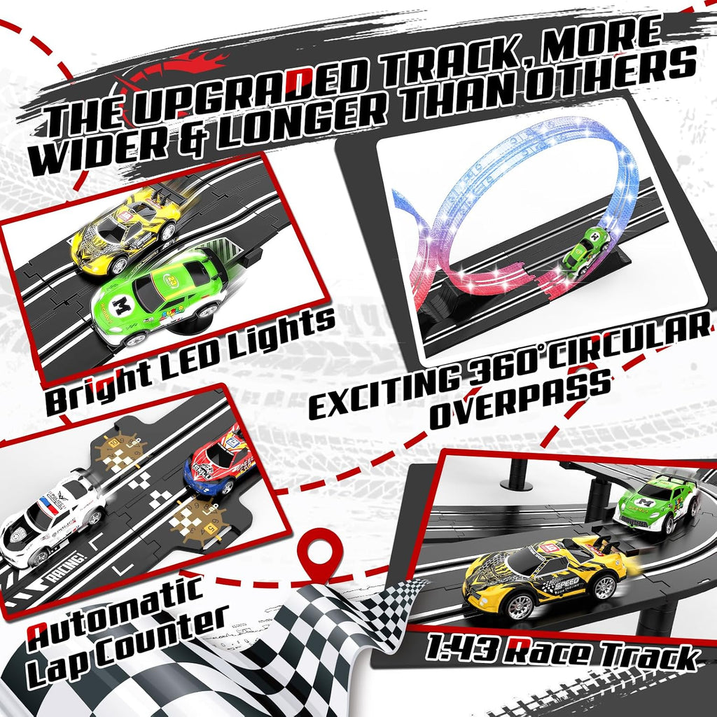 Juego de pista de carreras de ranura 3 en 1 con 4 coches de ranura de alta velocidad, pista de carreras eléctrica que incluye pistas de destello de paso elevado circular, juguetes de regalo de juego