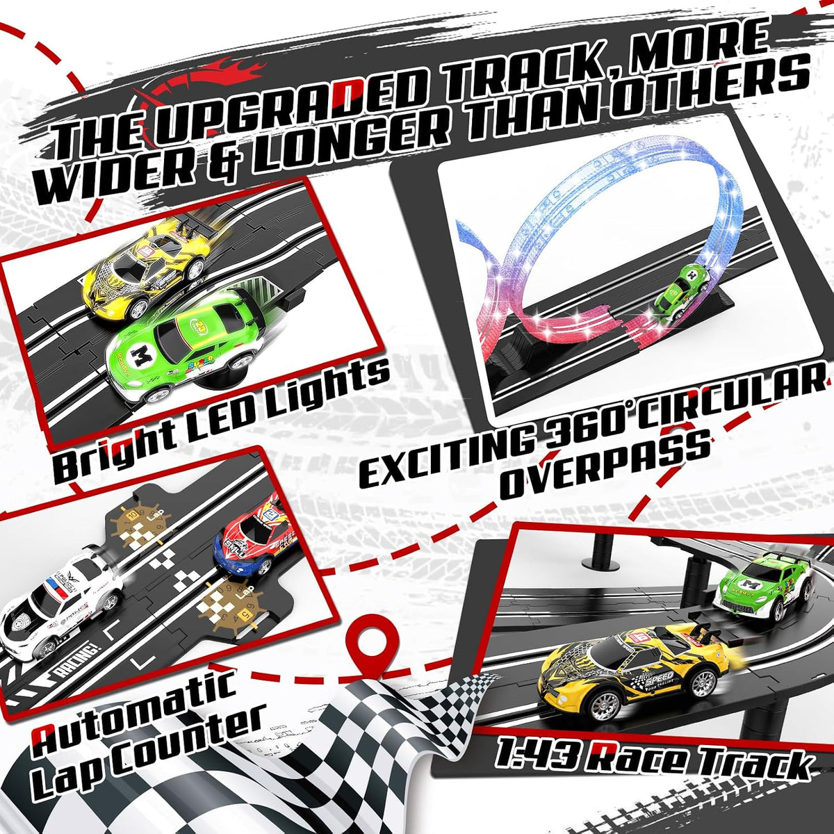 Juego de pista de carreras de ranura 3 en 1 con 4 coches de ranura de alta velocidad, pista de carreras eléctrica que incluye pistas de destello de paso elevado circular, juguetes de regalo de juego