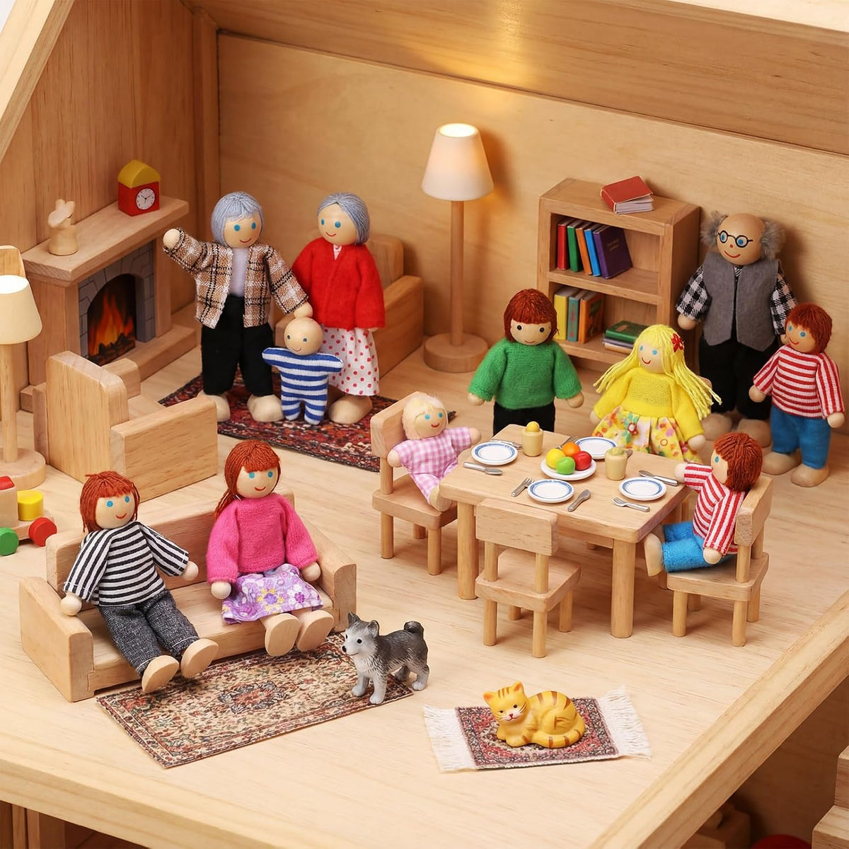 Juego de 20 piezas de casa de muñecas de madera, 16 mini figuras de personas, 4 mascotas, tradición